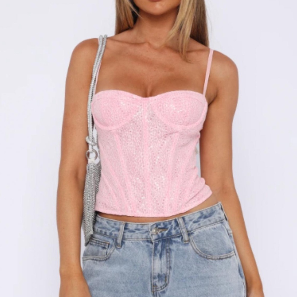 NWT pink sparkly white fox corset top